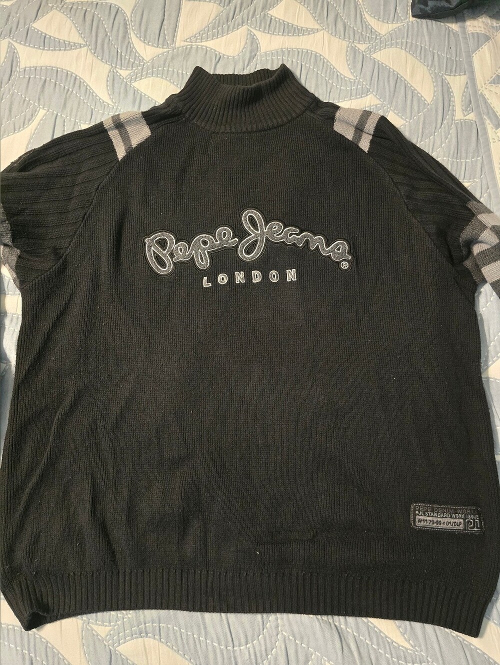 Pepe Jeans Black Turtleneck Sweater with Gray Stripe Accents
